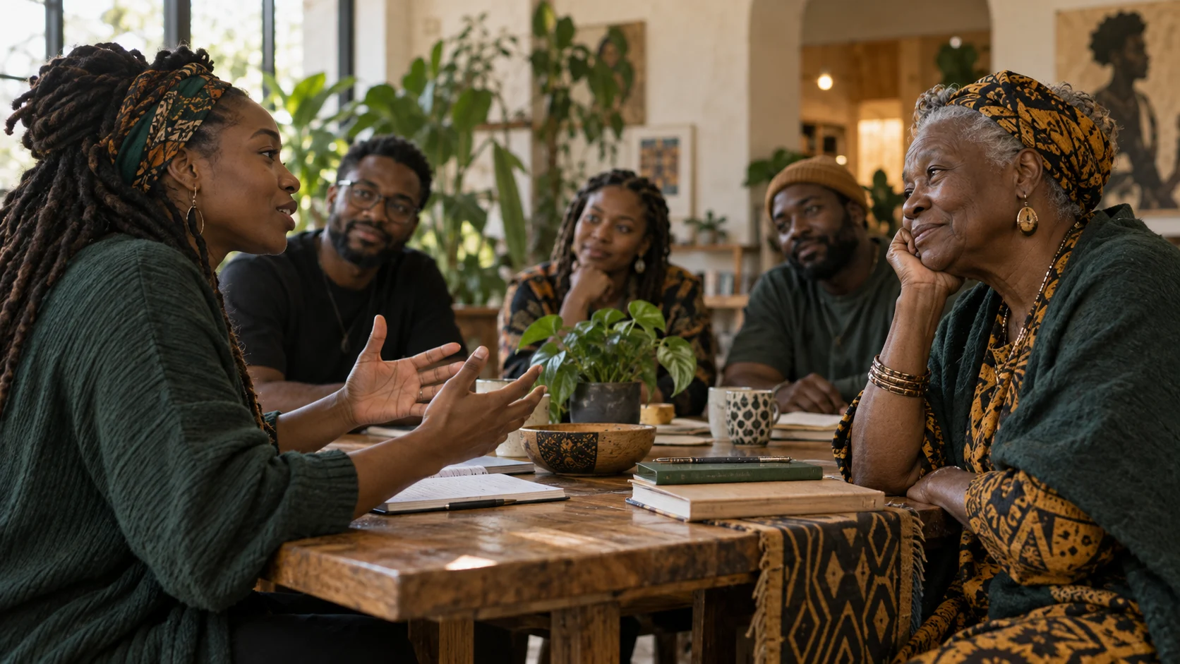Illustrative intergenerational conversation at a shared table